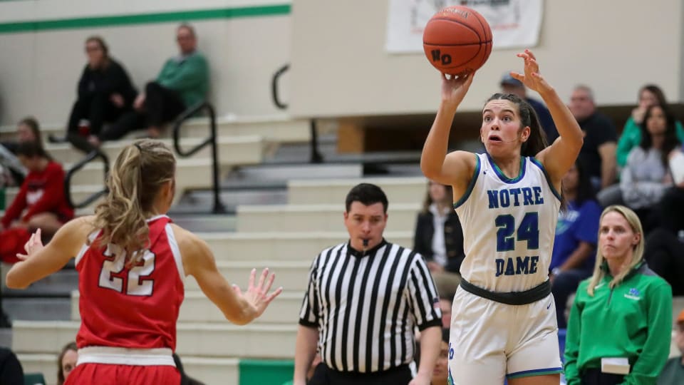 Notre Dame Academy's Gracie Grzesk (24) shoots a 3-pointer against Pulaski High School on Thursday, December 7, 2023, at Notre Dame in Green Bay, Wis. Notre Dame won the game, 57-17.